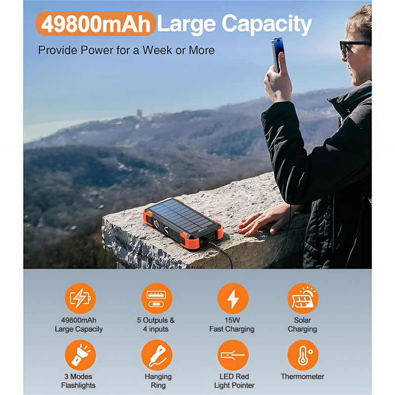 2026 Must-Have: Massive Capacity Power Bank for Emergency & Survival 49800mAh Solar Charger Power Bank with 4 Cables