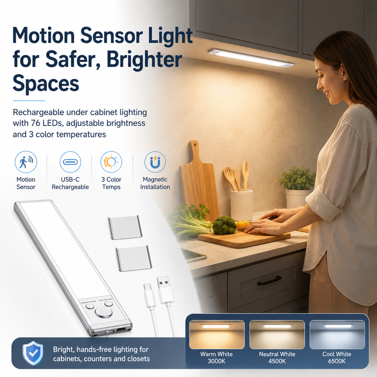Rechargeable Motion Sensor Under Cabinet Light 76 LED, 3 Color Temperatures, Dimmable Magnetic Closet Light