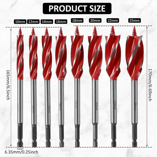 8-Piece High-Carbon Steel Wood Drill Bit Set | 4-Flute Hex Shank, 10 25mm for Wood & Plastic