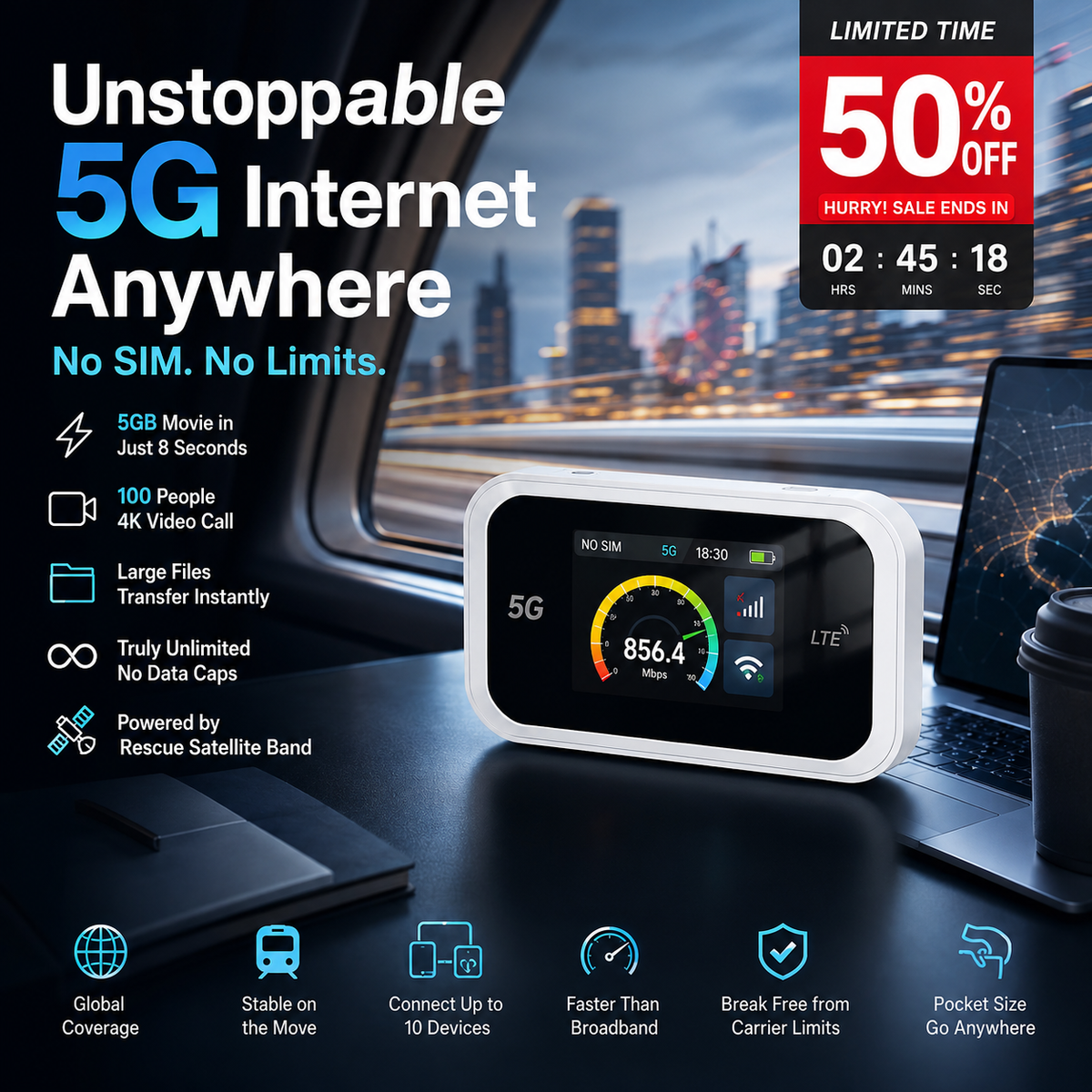 Mobile Hotspot Portable WiFi, full coverage anywhere. No contract, no setup. Stay connected on the go!