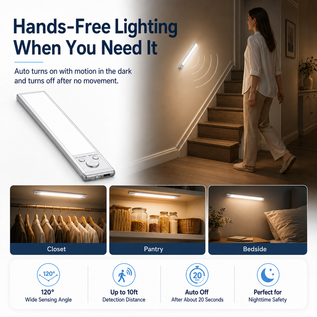 Rechargeable Motion Sensor Under Cabinet Light 76 LED, 3 Color Temperatures, Dimmable Magnetic Closet Light