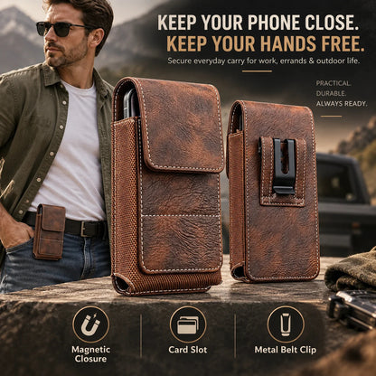 Men s Waist Phone Pouch with Magnetic Closure, Card Slot & Metal Belt Clip