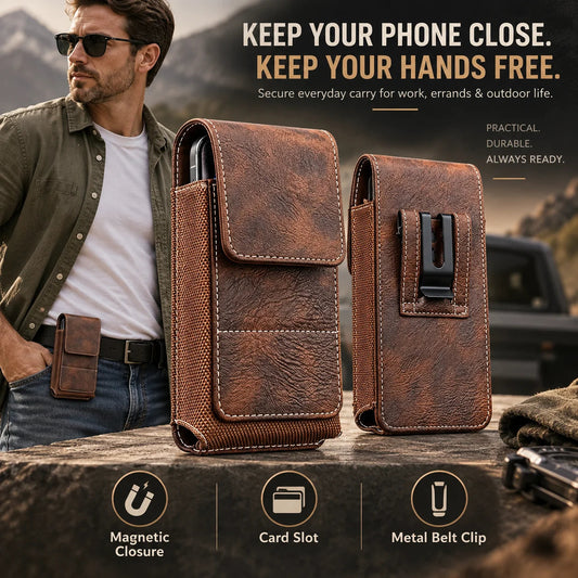 Men s Waist Phone Pouch with Magnetic Closure, Card Slot & Metal Belt Clip
