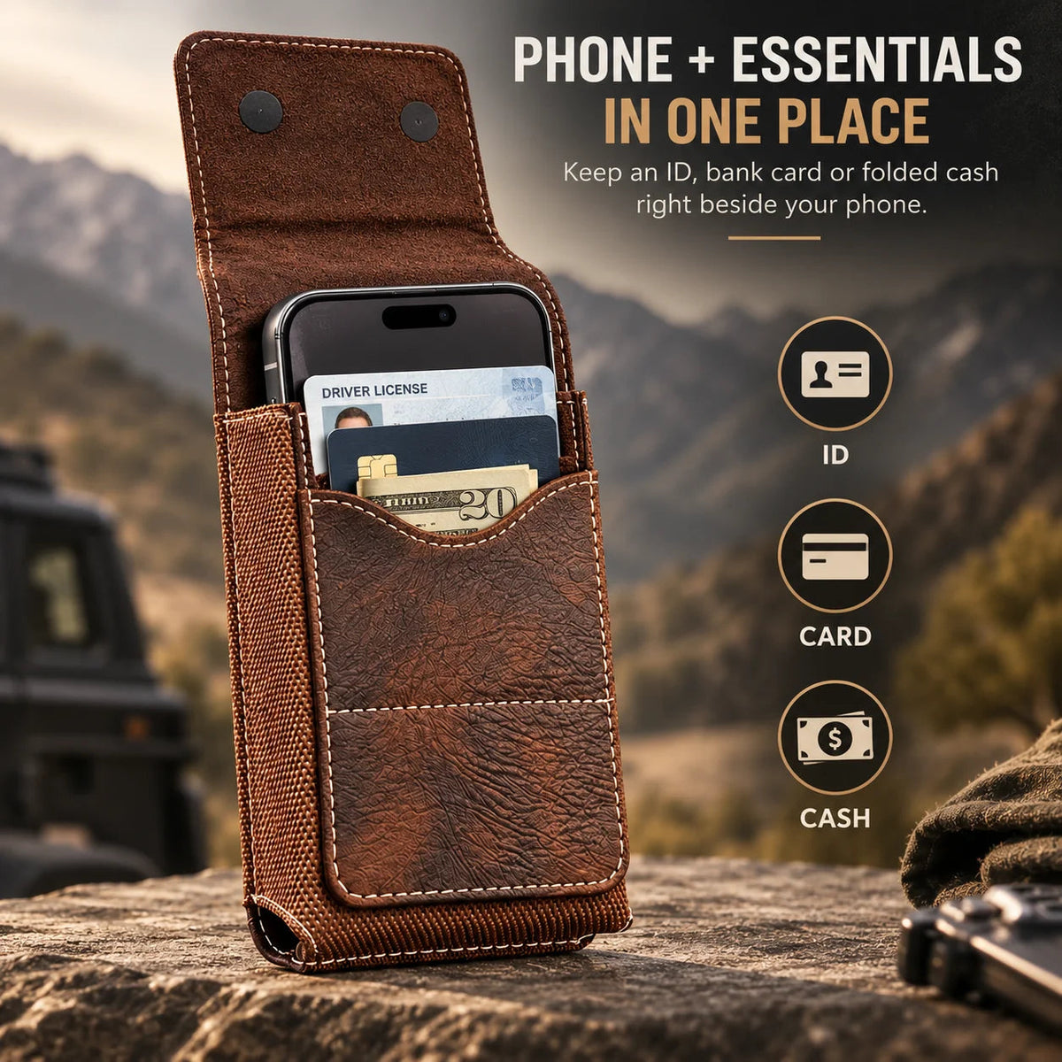 Men s Waist Phone Pouch with Magnetic Closure, Card Slot & Metal Belt Clip