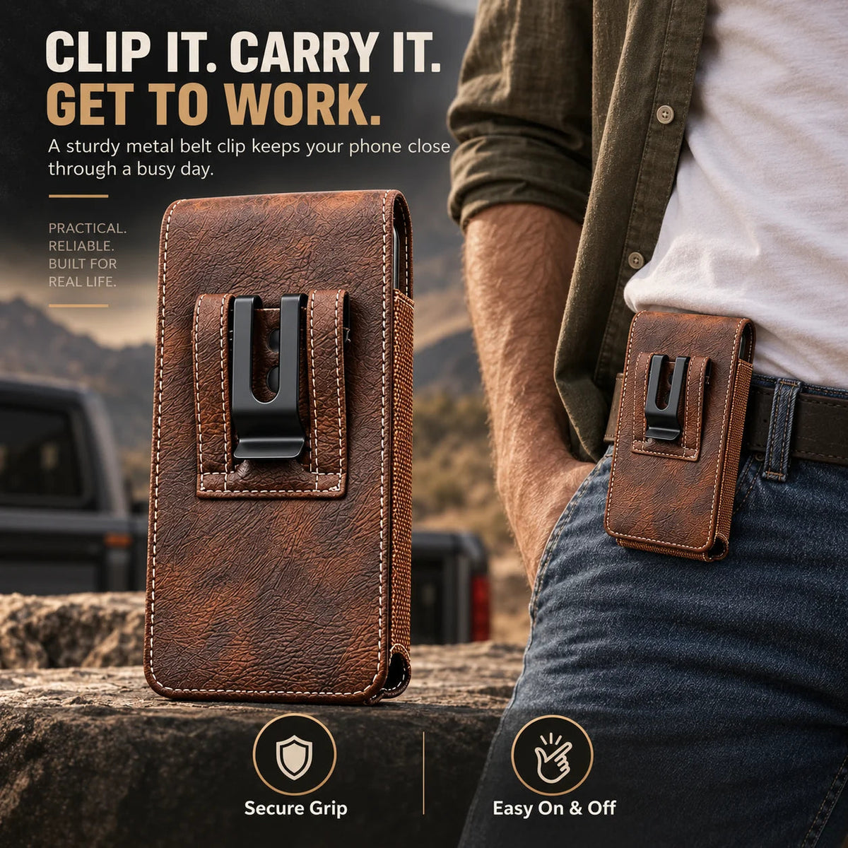 Men s Waist Phone Pouch with Magnetic Closure, Card Slot & Metal Belt Clip