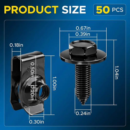 50PCS 1/4 Body Bolts & U-Nut Clips Kit