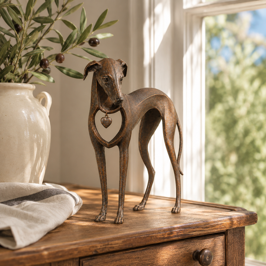 Heritage Heart Sighthound Sculpture Vintage Iron Dog Accent for Timeless Interiors