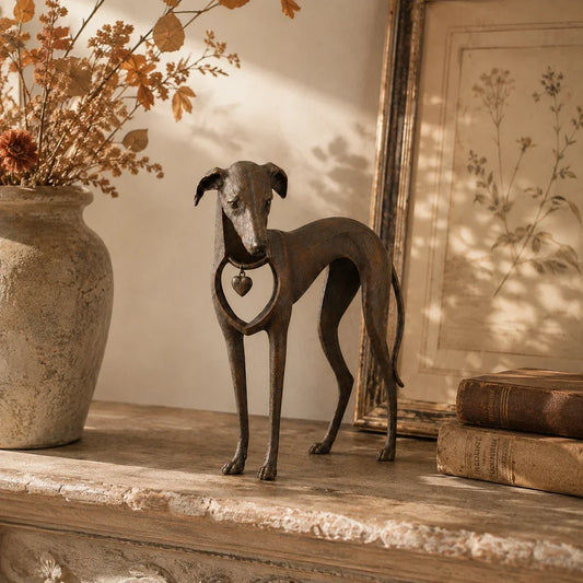 Heritage Heart Sighthound Sculpture Vintage Iron Dog Accent for Timeless Interiors