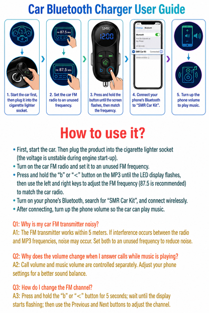 PD 30W Type-C Car Charger & Bluetooth 5.3 FM Transmitter, Wireless MP3 Player with Dual USB Ports, Bass Sound Enhancer