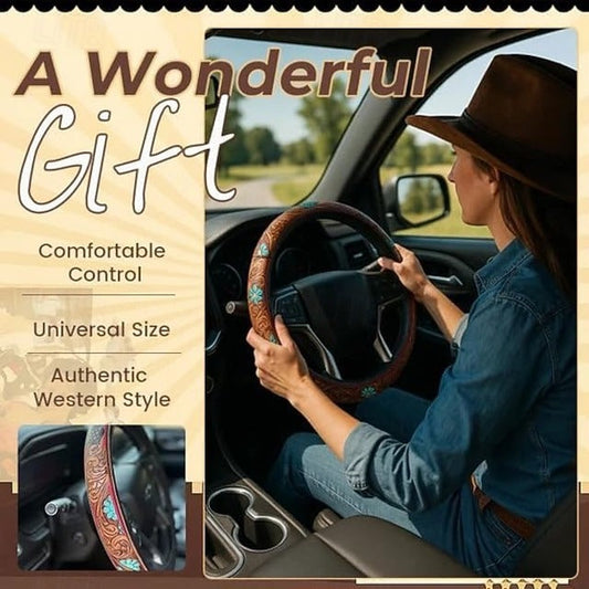 All-Season Breathable Steering Wheel Cover Western Style, Non-Slip Grip, 14.3-14.6"
